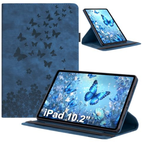 LSPCASA Funda para iPad 9, 8ª y 7ª Generación 10.2 Pulgadas 2021/2020/2019 Folio Flip PU Cuero 360 Grados Funda Multiángulo con Función Soporte para Lápiz para iPad de 10.2 pulgadas Azul