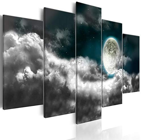 decomonkey Bilder Mond Himmel 225x112.5 cm 5 Teilig Leinwandbilder Bild auf Leinwand Wandbild Kunstdruck Wanddeko Wand Wohnzimmer Wanddekoration Deko Sterne Nacht Wolken