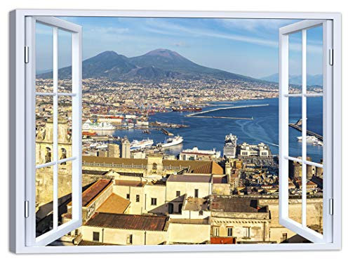 LuxHomeDecor Quadro Finestra su Napoli Vesuvio 100x75 cm Stampa su Tela con Telaio in Legno Arredamento Arte Arredo Moderno