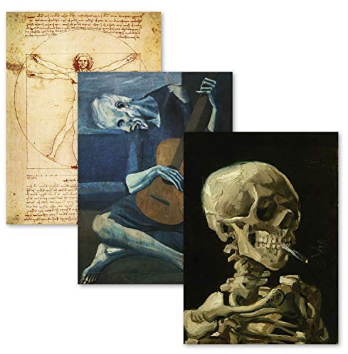 3er-Pack – Vitruvian Man von Leonardo Da Vinci + Der alte Gitarrist von Pablo Picasso + Van Gogh Skelett-Poster – Fine Art Prints (laminiert, 45,7 x 61 cm)