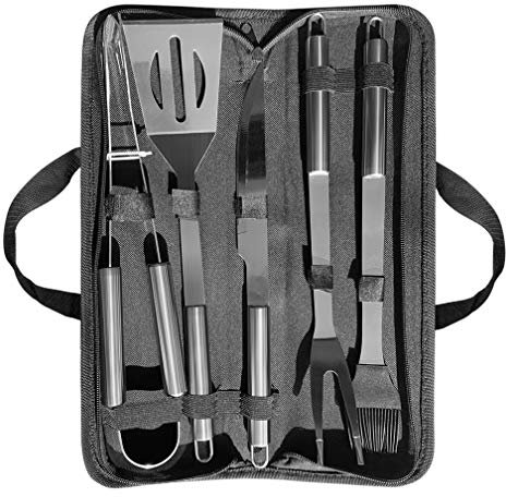 PTAPIPI Grill Accessories, Stainless Steel BBQ Tools 5 Pcs BBQ Tools Grilling Tools Set with Stainless Steel Knife, Spatula, Tongs, Fork, Silicone Basting Brush