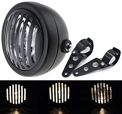 Vintage 6 Inch Motorcycle Round Headlight with Black Grill Cover, Halogen Headlight with Bracket for Cafe Racer, Cruiser, Sportster XL1200R, XL883 (White)