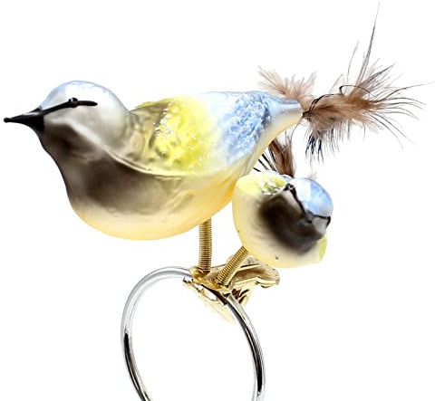 Dekohelden24 Lauschaer Christbaumschmuck - 2 Glasvögel auf einem Clip, naturgetreue Meisen mit Schwanzfeder und Glitter - Dekor, Größe ca. 9 cm