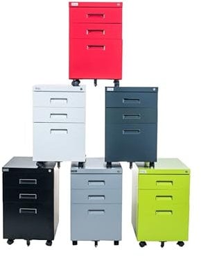 Jet-line Rollcontainer Metall 3 Schubladen Hängeregister abschließbar Aktenschrank Büromöbel Homeoffice Büroschrank (rot)