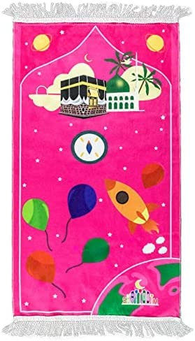 Windplusya Gebetsteppich für Kinder, 19.7x35.4 in Weicher Dicker Cartoon-Quasten Muslimischer Eid-Geschenk für Jungen/Mädchen. (Pink Aeroplane)
