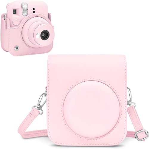 Rieibi Tasche für instax Mini 12 – PU Leder Schutzhülle für instax Mini 12 Sofortbildkamera mit verstellbarem Schultergurt – Pink