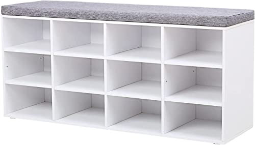 VASAGLE Shoe Bench, Storage Bench with Padded Seat, with Cushion, 12 Compartments, Adjustable Shelves, for Living Room, Hallway, 30.3 x 104 x 48 cm, Classic White LHS012W14