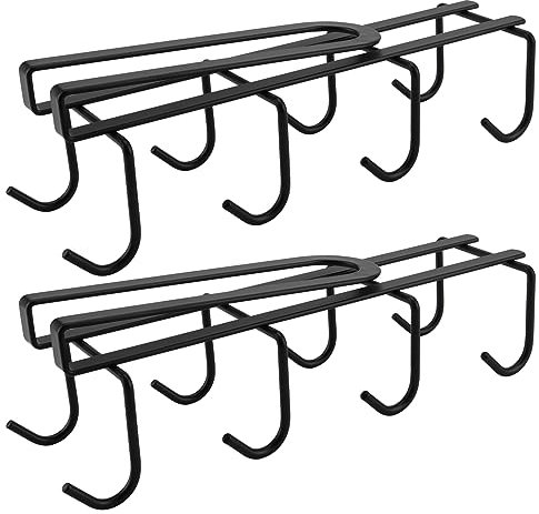 DAKFOOK 2 Pcs Black Mug Holder, Under Shelf Cup Holder with 8 Hooks, Under Cabinet Hanger Rack Teacups Coffee Mugs Storage Hanging Rack for Cups, Glasses, and Kitchen Utensils