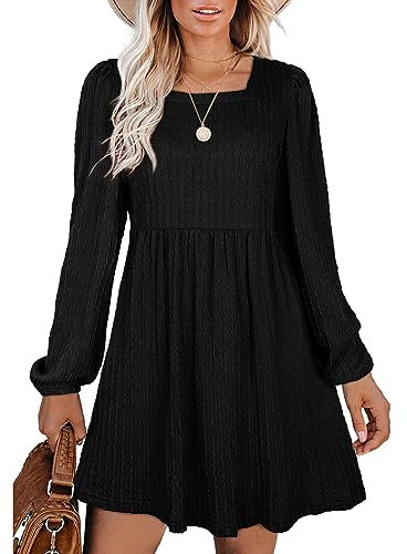 Aokosor Long Sleeve Knit Dress Square Neck Jumper Dresses Knee Length Babydoll Dresses Black Size 14-16