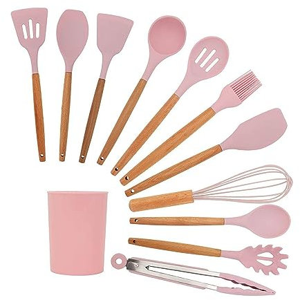 Kitchen Utensil Set, 12 Piece Silicone Cooking Utensils Heat Resistant Kitchen Tools, Non-Stick Baking Cooking Spoon Tools (Pink)