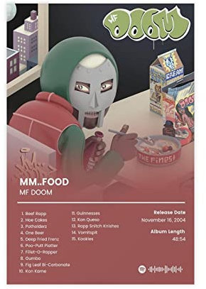 MF DOOM Poster Mm Food Tracklist Album Cover Poster Leinwand Poster Wandkunst Dekor Druck Bild Gemälde für Wohnzimmer Schlafzimmer Dekoration 20 x 30 cm