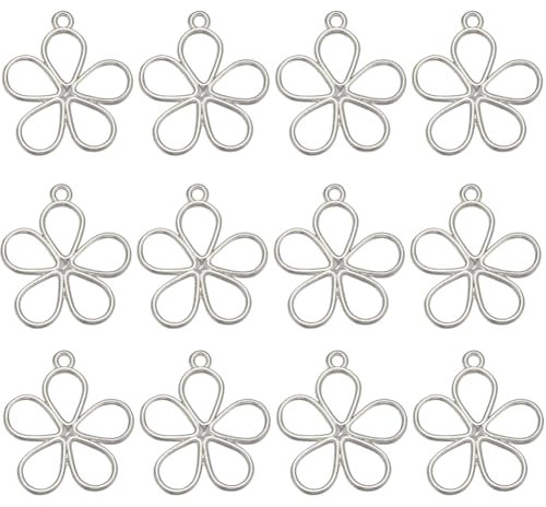 SUNNYCLUE 1 Box 50Pcs Hollow Flower Charms Silver Floral Charms Alloy Vintage Mini Spring Blossom Open Fram Back Bezel UV Resin Charm Bulks for Jwelry Making Women DIY Bracelets Necklaces Craft