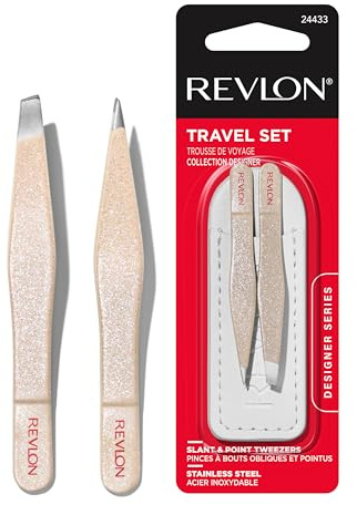 Revlon Designer Series - Juego de mini pinzas, kit de herramientas de | Mini juego de pinzas de punta inclinada y punta de punta para depilación. Acero inoxidable fácil de usar. Portátil para