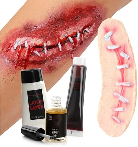 Kit de cicatrices 3D avec agrafes argentées, gomme spirituelle, latex liquide et faux sang – Accessoire parfait pour déguisement d'Halloween