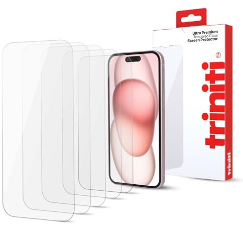TRINITI 5-Pack, Full Coverage Screen Protector designed for iPhone 15 Plus, 6.7-Inch, Anti Scratch, Impact Protection, 9H Hardness Tempered Glass Film Case-Friendly, HD Clear