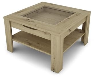 byLIVING Couchtisch Ralph/moderner Sofatisch mit Glaseinlage und großzügiger Schublade in Artisan Eiche Optik/Beistelltisch mit viel Stauraum/B 67, H 43, T 67 cm