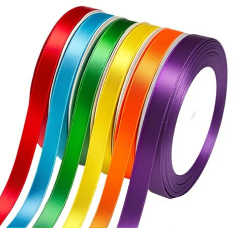 Geschenkband Satinband 6 Farben, Schleifenband Bunte 10mm x 23m, Sseidenband Stoffband Satinbänder Bunt Geschenkbänder für Maibaum Deko Blumenstrauß Schleifen Geschenkverpackungen Basteln DIY