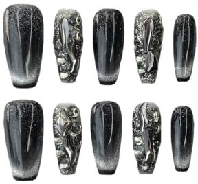 Cat's Eye False Nails Handmade Wearing Nails Dark Nail Beauty Press on Nail Short 10pcs(L,Black Short Ladder)