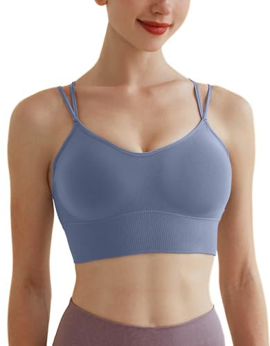 Memoryee Sport BH Damen Große Brüste Push Up Ohne Bügel Kreuz Rücken Rückenfrei Gepolstert Mittlere Unterstützung Crop Top für Yoga Tanz Laufen Radfahren Blau M