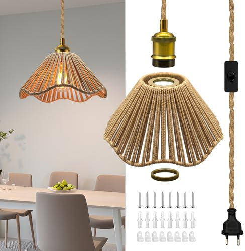 Lustre en Corde de Chanvre 5.1M, Suspension Luminaire en Laiton Vintage avec Abat-Jour en Corde de Chanvre Tressé, Douille E27 avec Interrupteur, DIY Lampe Suspendue Industrielle pour Salon Chambre