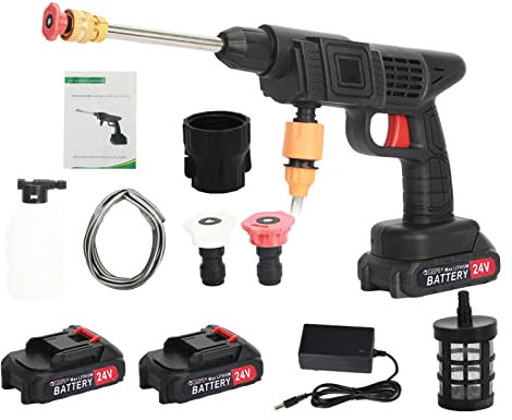 Pulitore ad alta pressione a batteria 24 V, 1 set di pulitore ad alta pressione elettrico senza fili con 2 x 1500 mAh, batterie e ugelli per pulire, auto, vialetti, case, cortili