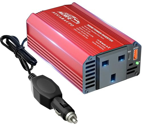 AUCARAUTO Upgraded 300W Car Power Inverter 12V to 240V / 230V Modified Sine Wave Voltage Converter with USB-C PD 65W & USB-A 18W Fast Charging Ports, Durable Aluminum Body, Charge Your Laptop - Red