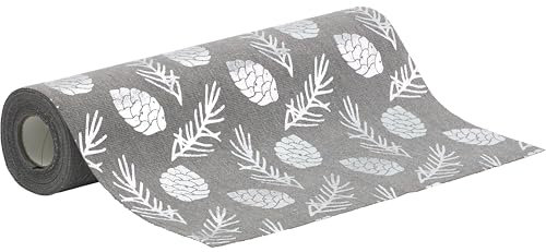 100%Mosel Tischläufer Leinenoptik Grau, Kiefernzapfen in Silber, (28 cm x 5 m), Tischband, edle Tischdeko für Weihnachten & Adventszeit, Festliche Dekoration zu besonderen Anlässen