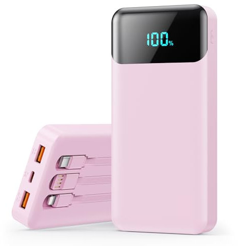 Batterie Externe 26800mAh avec 3 Câbles, PD 25W QC4.0 Power Bank Charge Rapide USB C Chargeur Portable avec 5 Sorties, Affichage LCD Batterie Portable pour iPhone 16 15 14 Pro Max Samsung Huawei-Rose