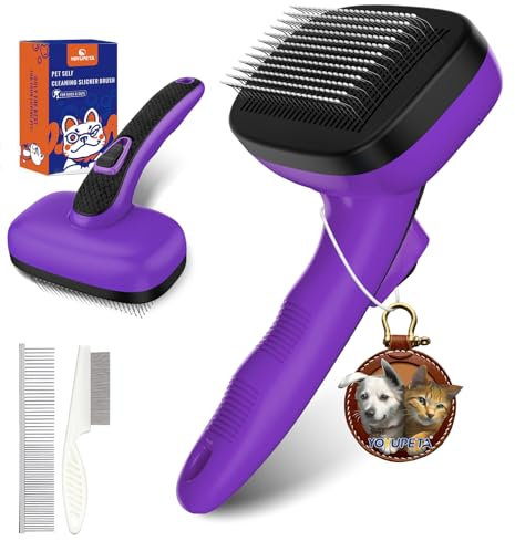 YOYUPETA 3 PCS Dog Grooming Kit – Self Cleaning Slicker Brush for Shedding Short & Long Haired Dogs & Cats. Removes Loose Fur, Undercoat, Mats, Tangles. Suit for Small, Medium & Large Pets. Purple