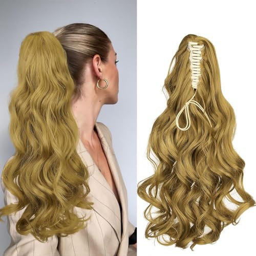 Cybelleza Coda Capelli Extension Clip Claw Coda di Cavallo con Pinza Mossi 45cm Posticci per Capelli Ricci Ponytail Sintetici Lunghi Coda Finta Ondulati, Biondo scuro