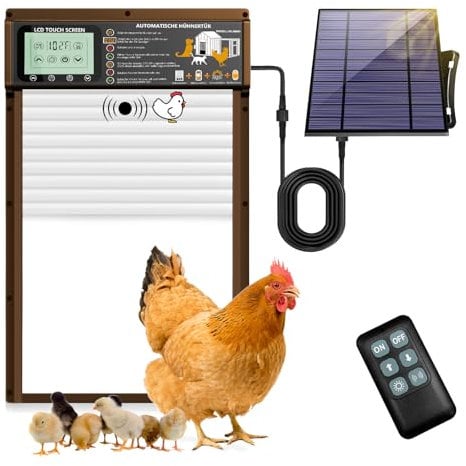 XRDZYXGS Automatische Hühnerklappe, Wasserdicht, Solarbetrieben, Elektrische Hühnerklappe mit Radarsensor, Timer, Lichtsensor, Großes Display, Fernbedienung, für Geflügel(Braun)