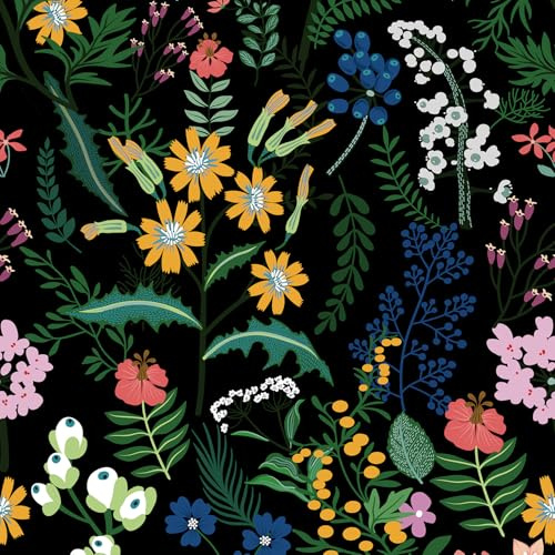JOLIHOME Colorful Floral Self Adhesive Wallpaper Flowers and Leaves Look Peel and Stick Contact Paper Black and Green Removable Wall Paper Vinyl Rolls for Cabinet Bedroom DIY Waterproof 44.5x500cm