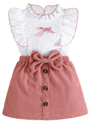 LUVCES Abbigliamento Bambina Vestito Set Senza Maniche con Volant Top + Minigonna con Fiocco e Bottoni 2 Pezzi Ragazze Estate Vestiti Outfit Rosa 4-5 Anni