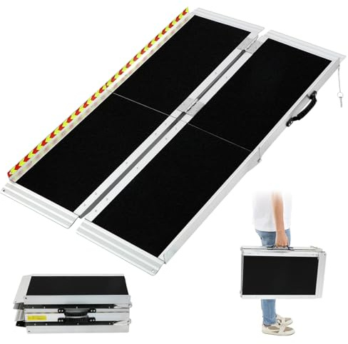 Wheelchair Ramp,1.83m Folding Portable Aluminum Ramp, 362kg Capacity,with Transition Plate and Reflective Warning Stickers, for Wheelchair Scooters Power Chairs Walkers Metallic