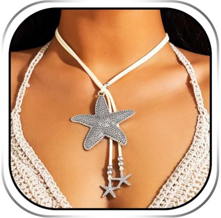 Handcess Boho Seestern Halskette Silber Vintage Stern Anhänger Halsketten Meerjungfrau Strand Halskette für Frauen, Einheitsgröße, Seestern, Kein Edelstein