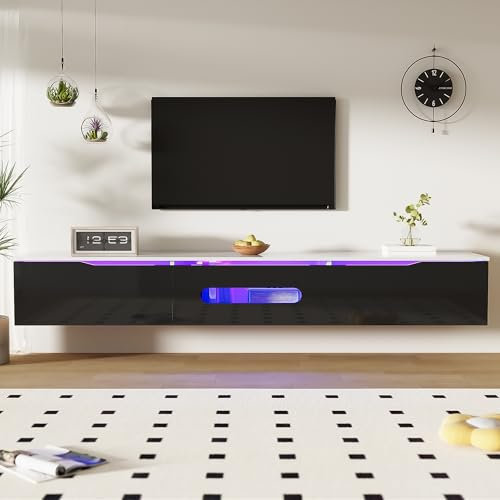 Mueble de TV 180 cm de Largo Superficie de Alto Brillo Soporte para TV con iluminación LED Montaje en Pared para salón Comedor Mesa de TV aparador bajo Negro