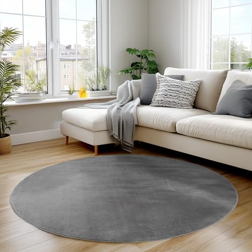 Carpettex Runder Teppich Grau 120 cm- Kurzflor Teppich Waschbar, rund, weich & rutschfest, modern einfarbiges Design für Wohnzimmer, Küche Schlafzimmer, & Kinderzimmer