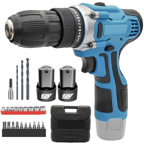 Cordless Drill Driver 12V,Hammer Drill with 2 Batteries 3000mAh,2 Speed,35N.m Max Combi Drills,for Garden DIY Home Drilling Wood/Metal