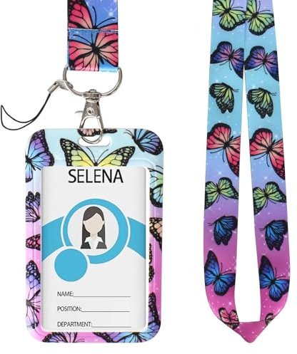 Porta Badge Identificativo con Cordino Staccabile, Portabadge Scorrevole in Plastica, Clip per Identificazione Rimovibile per Donne, Insegnanti, Dottori, Studenti (Motivo a Farfalla) (Viola)