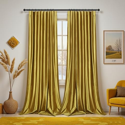 PLODAXE 2er Set Samtvorhang Kräuselband, Hochglänzender Diamantsamt Vorhänge Verdunkelung Samt Gardinen, Thermogardine Kälteschutz, Velvet Curtains Wohnzimmer, Schlafzimmer (H244xB132CM, Gold)