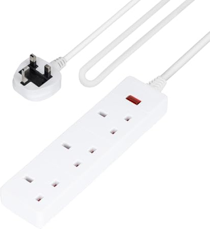 GEEPAS 3 Gang Extension Lead, 2M Cable | 3-Way Plug Extension Cable with Neon Indicator Light | Wall Mountable & Multi Socket Mains Strip for Home Bedroom Office | Heavy Duty UK Plug | White