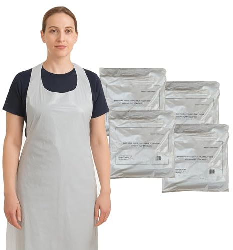 Abbey 400 Plastic Disposable Aprons for Adults – Waterproof, Food Safe Polythene White Aprons for Women and Men with Anti-Bacterial Additive – Catering, Medical, Cleaning, Hair & Beauty – 4x100 Pack