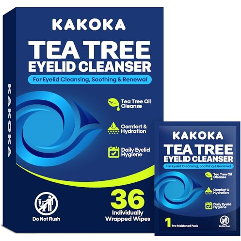 Kakoka Eyelid Wipes (36 Count), with Natural Tea Tree Oil, Individually Wrapped Eyelid Cleaning Wipes for Styes, Gently Cleanse Soothe and Remove Impurities, Eyelid Cleanser for Daily Use