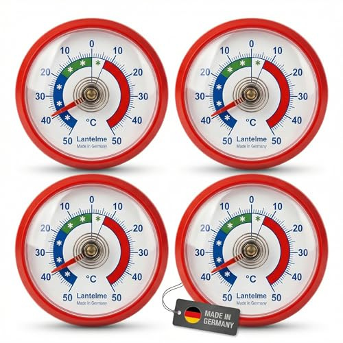 Lantelme 4 Stück Kühlschrankthermometer Set zum ankleben Temperaturüberwachung + - 50°C | Präzise Analog Thermometer für Kühlschrank Gefrierschrank Kühltheke Kühlhaus | Kunststoff (Rot)
