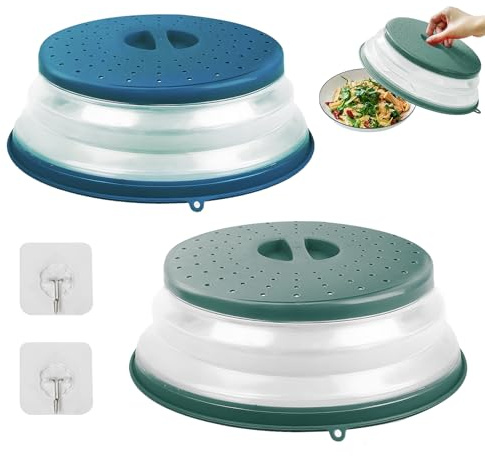 dellyy Tapa Microondas Libre BPA, 2 Piezas Funda para Microondas 3 en 1, Microwave Cover con 2 Ganchos, Plegable, Tapadera, con Ventilación de Plástico (C, 27CM)