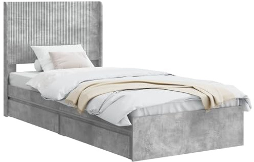 vidaXL Bettgestell mit Stauraum und Kopfteil Betongrau 90 x 190 cm, Moderner Schlafzimmerstauraum-Bett, rechteckiger Rahmen, schickes Latten-Design, platzsparendes Möbelstück