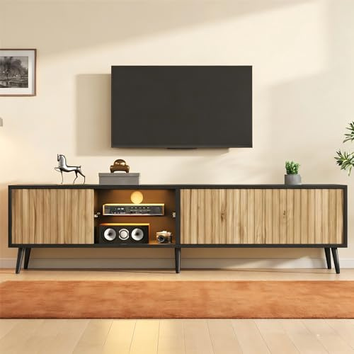 Merax 175cm TV Stand for 75 Inch TV, Mid Century Modern TV Unit with LED Lights, Black & Wood Media Console with Storage,Fluted Door Lowboard with Cable Management, Entertainment Unit for Living Room