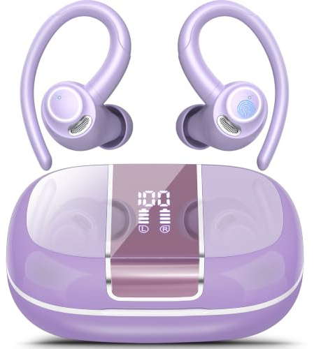 Sport Wireless Earbuds, 48H Bluetooth 5.3 Headphones with Earhooks, ENC Mic | Secure Fit Design, Hi-Fi Bass Ear Buds, IPX7 Waterproof Earphones for Running, Gym and Cycling, Workouts, LED Display/Purple