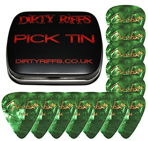 Fender Celluloid Guitar Picks/Plektren – 12 x grün Moto dünn 351 in Plektrumdose