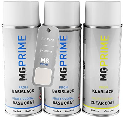 MG PRIME Autolack Sprühdosen Set für Ford 9VJGWHA / PN3KP0 / A White Platinum Metallic/Arktis Weiss Metallic Grundlack Basislack Klarlack Spraydose 400ml